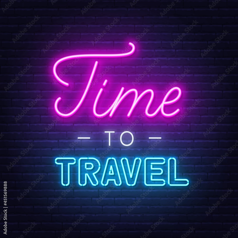 Time to travel neon lettering on brick wall background. Time to travel neon lettering on brick wall background.