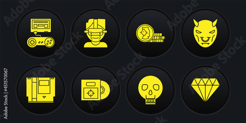 Set Cartridge, Mask of the devil with horns, CD DVD disk in box, Skull, Coin for game, Virtual reality glasses, Diamond and Game console joystick icon. Vector