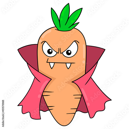Carrot Dracula wearing a cloak and sharp teeth, doodle icon image kawaii