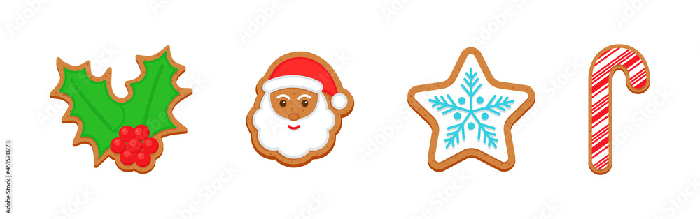 Christmas Gingerbread cookies. Classic Xmas biscuits. Cute ginger bread, santa, holly, candy cane and snowflake. Noel holiday sweet dessert isolated on white background. Vector illustration. Christmas Gingerbread cookies. Classic Xmas biscuits. Cute ginger bread, santa, holly, candy cane and snowflake. Noel holiday sweet dessert isolated on white background. Vector illustration.