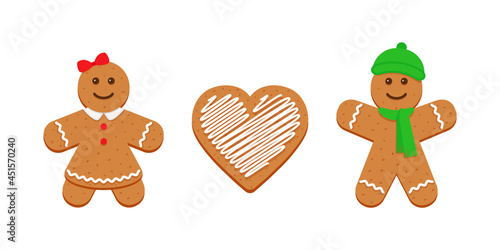 Gingerbread cookies. Classic Christmas dessert. Xmas biscuit isolated on white background. Noel holiday sweet pastry. Cute ginger bread man, woman and heart in flat design. Vector illustration.
