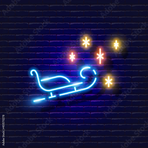 Santa s sleigh neon sign. Sledge glowing icon. New Year and Christmas concept. Vector illustration for design.