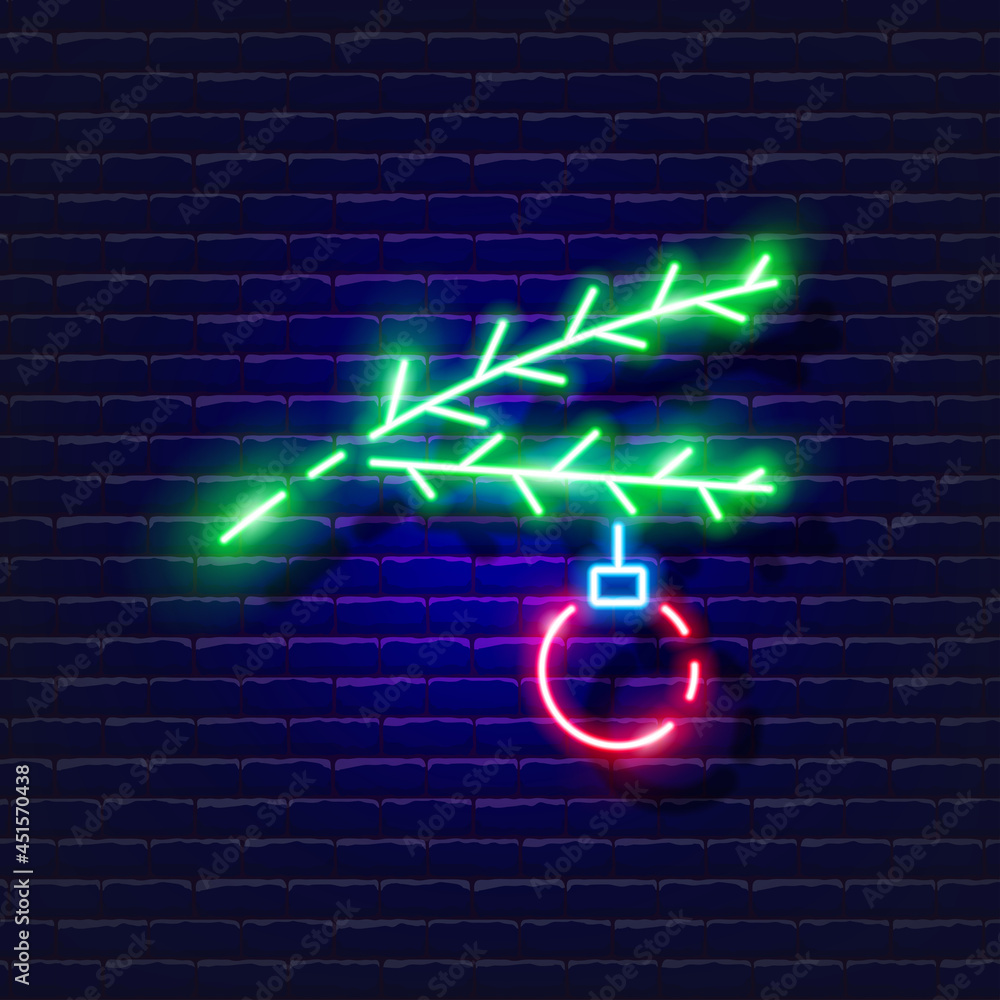 Christmas tree branch with toy neon sign. Glowing pine branch icon. New Year and Christmas concept. Vector illustration for design. Christmas tree branch with toy neon sign. Glowing pine branch icon. New Year and Christmas concept. Vector illustration for design.