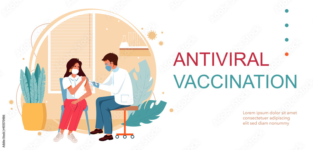 People vaccination concept for immunity health vector illustration. Covid-19. Man doctor makes an injection of flu vaccine in hospital landing page. Getting first covid vaccine shot in arm muscle. - obrazy, fototapety, plakaty 