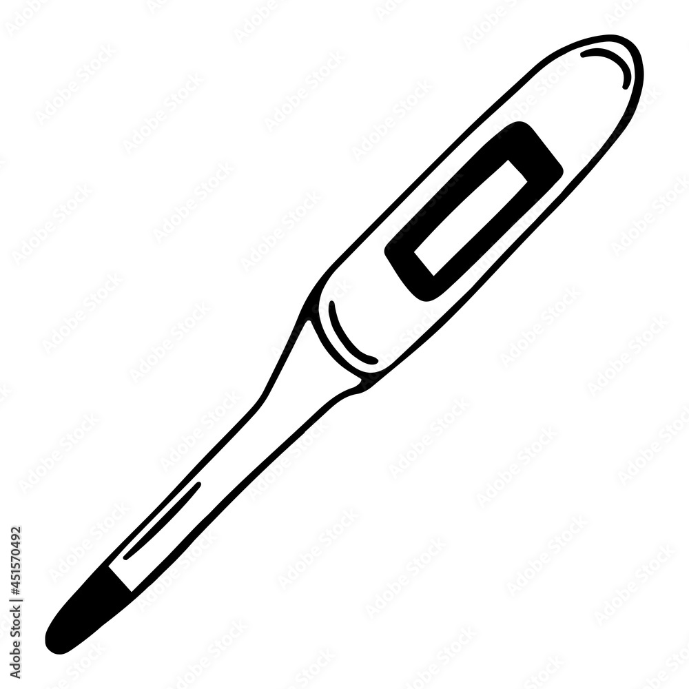 Electronic thermometer vector icon. A hand-drawn instrument for measuring temperature. Medical device with display and indicator. Inventory sketch. Plastic device for health care. Monochrome. Electronic thermometer vector icon. A hand-drawn instrument for measuring temperature. Medical device with display and indicator. Inventory sketch. Plastic device for health care. Monochrome.