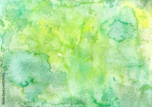Bright watercolor green background. Hand-drawn backdrop. Abstract image of leaves. Colorful foliage. Blurry spots and drops of turquoise color. Raster illustration, artistic paint overlay.