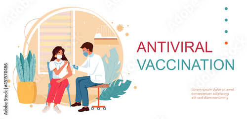 People vaccination concept for immunity health vector illustration. Covid-19. Man doctor makes an injection of flu vaccine in hospital landing page. Getting first covid vaccine shot in arm muscle.