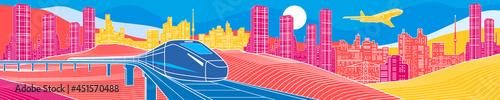 Colorful bright landscape. Infrastructure and transport illustration. Train rides on rail bridge. Airplane fly. City Urban scene. White outline on color background. Vector design art