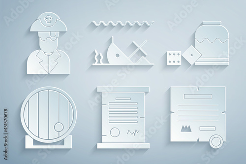 Set Decree, parchment, scroll, Pirate game dice, Wooden barrel, Sunken ship and captain icon. Vector