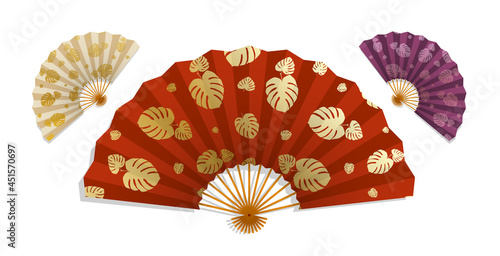 Realistic paper Female folding fan of Japanese geisha with pattern of tropical plant leaves. Vector isolated on white background