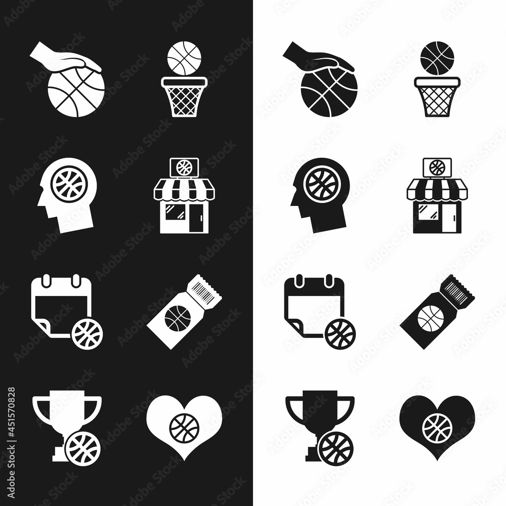 Set Sports shop and basketball, Thoughts on, Hand with, Basketball, sport calendar, game ticket, Heart and Award cup icon. Vector Set Sports shop and basketball, Thoughts on, Hand with, Basketball, sport calendar, game ticket, Heart and Award cup icon. Vector