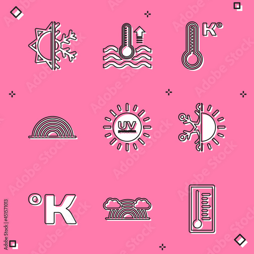 Set Sun and snowflake, Water thermometer, Meteorology, Rainbow, UV protection, Kelvin and with clouds icon. Vector