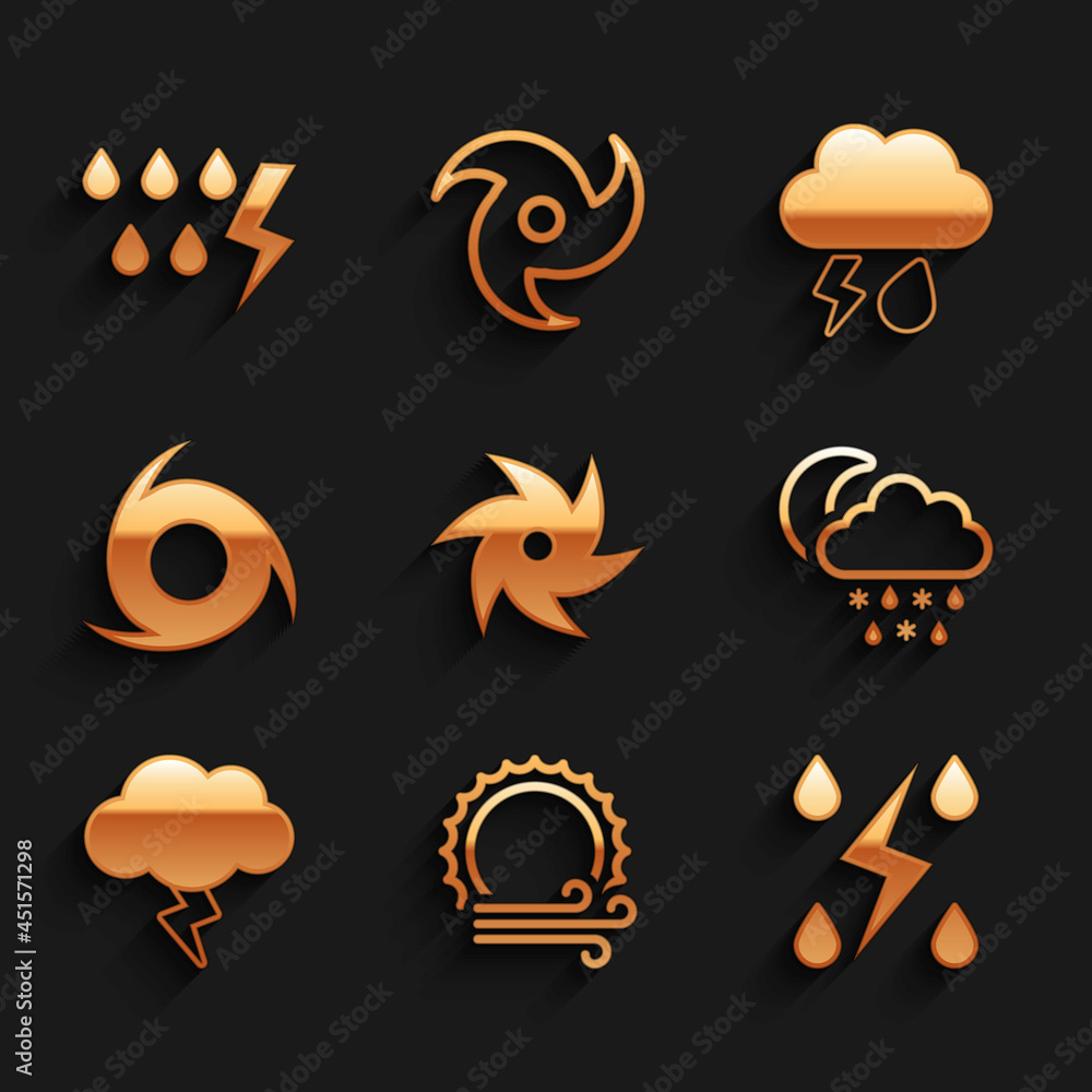 Set Tornado, Wind and sun, Storm, Cloud with snow, rain, moon, lightning and icon. Vector Set Tornado, Wind and sun, Storm, Cloud with snow, rain, moon, lightning and icon. Vector
