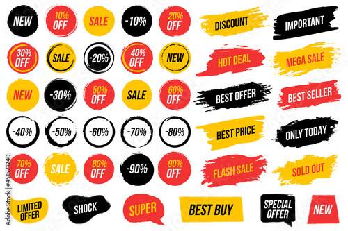 Collection of label banners ink brush strokes and grunge circles for sale and discount photo