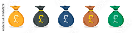 Set of UK pound money bag icons in different colors in a flat design