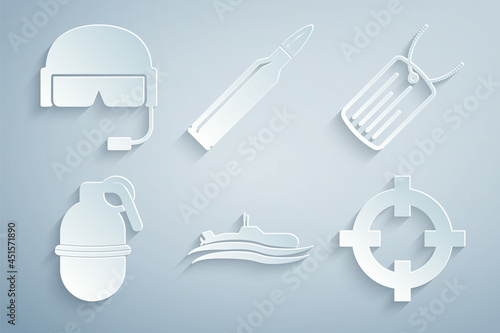 Set Submarine, Military dog tag, Hand grenade, Target sport, Bullet and helmet icon. Vector