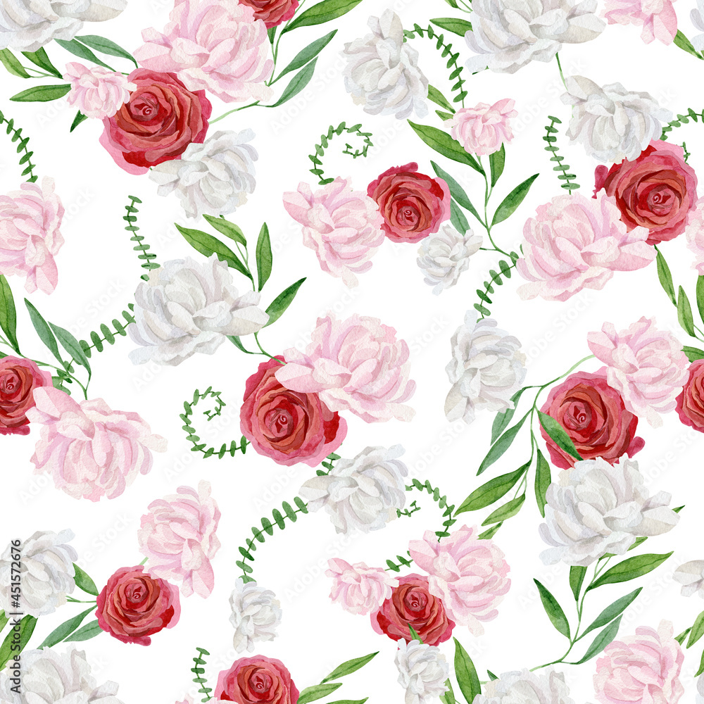 Bright flower seamless pattern with watercolor hand drawn rose, peonies, green foliage, leaves and branches. Beautiful natural pattern.
