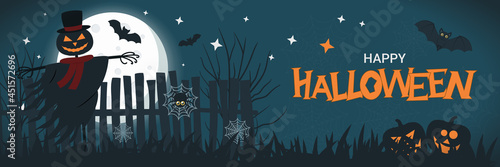 Halloween banner concept with full moon in the night sky, spider web, scary pumpkin, jack o'lantern scarecrow and bats. Halloween background. Happy Halloween text. Vector flat design illustration
