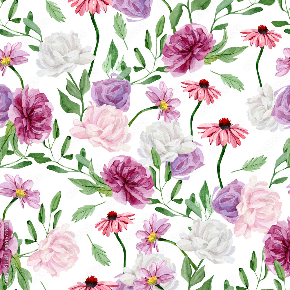 Floral seamless pattern with watercolor hand painted wildflower, rose, anemone, dandelion, green foliage, leaves and branches. Beautiful flower pattern.