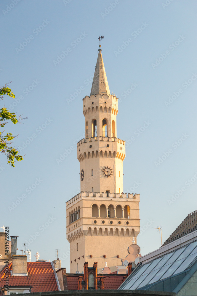 Tower of city hall in Opole, Poland.