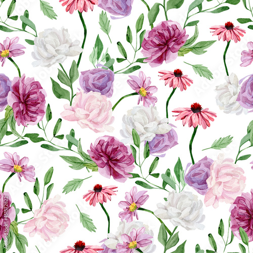Floral seamless pattern with watercolor hand painted wildflower  rose  anemone  dandelion  green foliage  leaves and branches. Beautiful flower pattern.