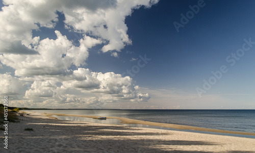 Sea shore on a sunny day with large  white cumulus clouds.