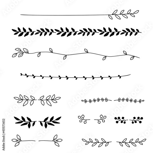Hand drawn floral dividers, leaf lines, vector illustration set