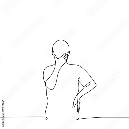 man is stroking his chin in thought, his other hand at the waist - one line drawing. concept of perplexity , rhetorical question, reflection, reflections