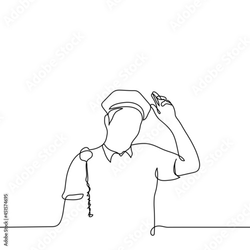 male American police officer greets - one line drawing. a law enforcement officer presents himself to civilians