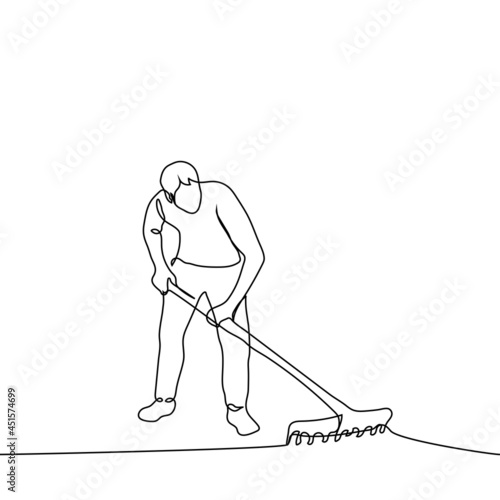 man with a rake - one line drawing. gardener is cleaning