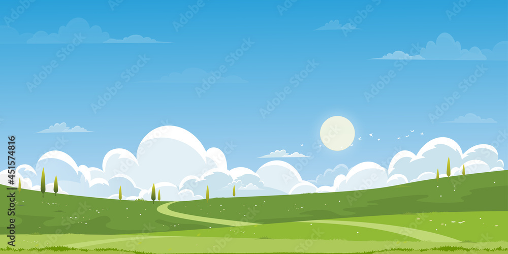 Spring green fields landscape with mountain, blue sky and clouds background,Panorama peaceful rural nature in springtime with green grass land. Cartoon vector illustration for spring and summer banner Spring green fields landscape with mountain, blue sky and clouds background,Panorama peaceful rural nature in springtime with green grass land. Cartoon vector illustration for spring and summer banner