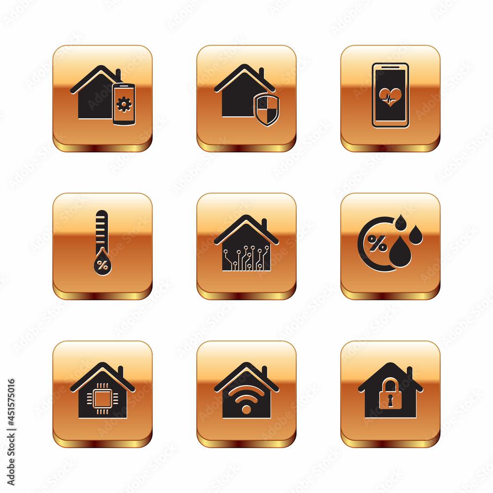 Set Smart home remote control system, with wi-fi, Humidity, Mobile heart rate, House under protection and icon. Vector Set Smart home remote control system, with wi-fi, Humidity, Mobile heart rate, House under protection and icon. Vector