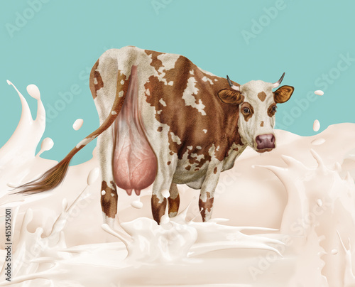 Vache, laitière, du dos au milieu du giclée du lait, rivière, exploitation, crème, jus de coco, isolé, blanc, illustration, giclée, giclée du lait-coco , lait, clapoter, conception, illustration, liqu photo