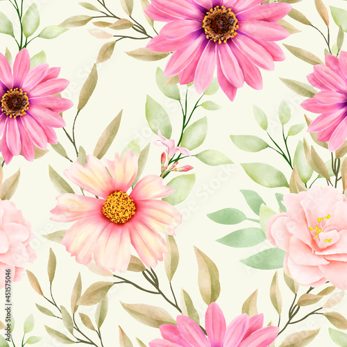 watercolor floral and leaves seamless pattern © lukasdedi