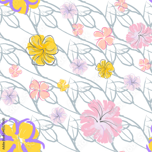 Pink Flowers Blooming Pattern. Pastel Watercolor.