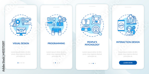 UX design process onboarding mobile app page screen. Visual and interaction design walkthrough 4 steps graphic instructions with concepts. UI, UX, GUI vector template with linear color illustrations
