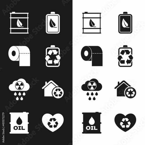 Set Battery with recycle, Toilet paper roll, Bio fuel barrel, Eco nature leaf and battery, Acid rain radioactive cloud, House recycling, friendly heart and Oil icon. Vector