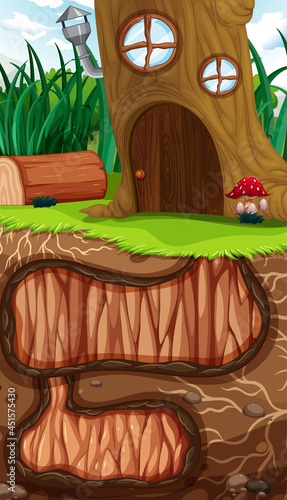 Underground animal hole with ground surface of the garden scene