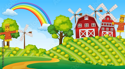 Farm landscape scene with barn and windmill