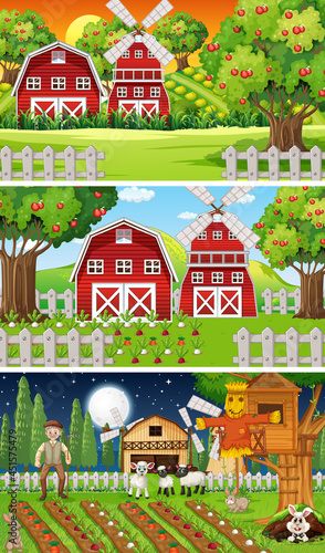 Different farm scenes with old farmer and animal cartoon character