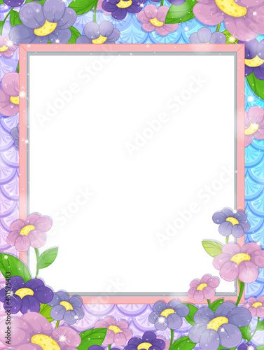 Blank banner on rainbow fish scales background with many flowers