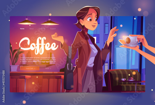 Coffee banner with woman in cafe