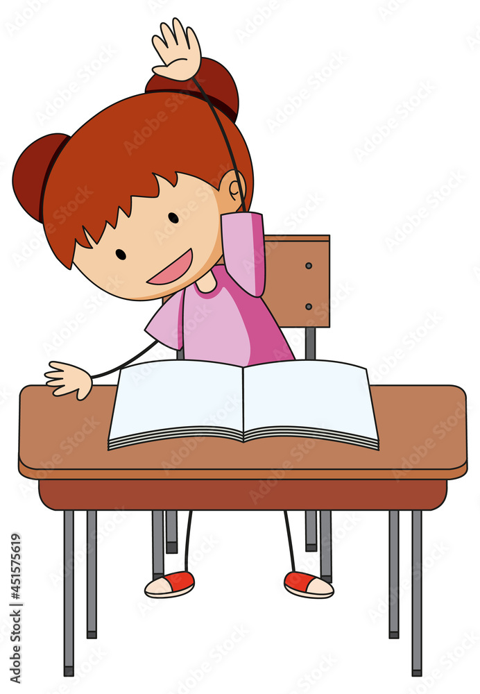 A girl doing homework doodle cartoon character