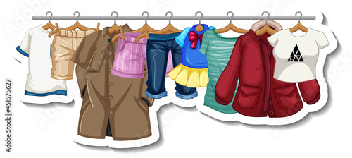 A sticker template of Clothes racks with many clothes on hangers on white bac...