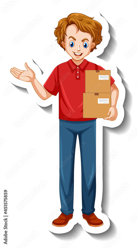 A sticker template with delivery man in uniform holding boxes