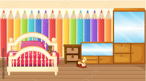 KIds bedroom interior design with furniture and rainbow wallpaper