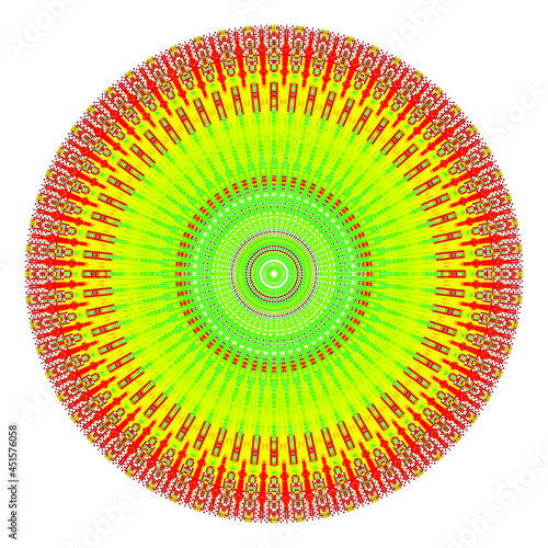 Creative multicolored points round symbol. Abstract symmetrical logo. Mosaic colorful beautiful beads. Circle dots modern pixel floral art icon. Colored pattern ornament wheel decorative illustration.