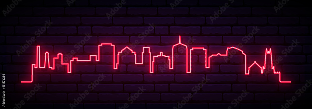 Obraz premium Red neon skyline of Durham. Bright Durham City long banner. Vector illustration.