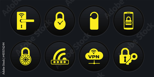 Set Safe combination lock wheel, Mobile and password, Wifi locked, VPN Network cloud connection, Please do not disturb and Padlock with clock icon. Vector