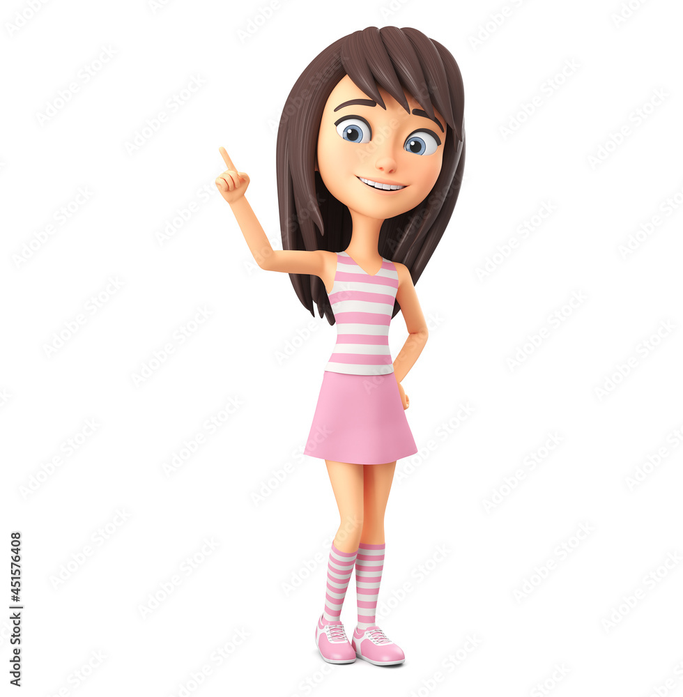 Cartoon character of a beautiful girl in a striped T-shirt points with a finger to an empty spot on a white background. 3d render illustration. Cartoon character of a beautiful girl in a striped T-shirt points with a finger to an empty spot on a white background. 3d render illustration.